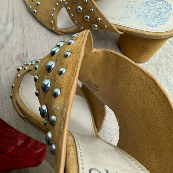 Vince Camuto Jorlyn Studded Leather‎ Block Heel Sandals Size 7M Tan Women Mules - Picture 5 of 11